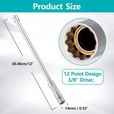 3/8" Dr. Universal spark plug socket long reach 14mm 12pt with magnet 2