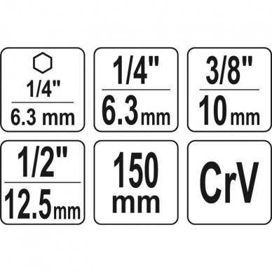 Переходники для шуруповерта под головки 1/4", 3/8", 1/2" 150мм 3щт. 1