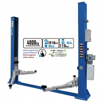 2 post hydraulic lift with electromagnetic release, (3 stage rear arms) 4.0t