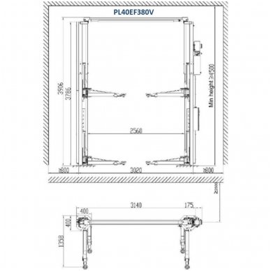 Clearfloor 2-post lift with electromagnetic release, 4.0t 2