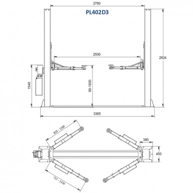 Hidraul. dviejų kolonų keltuvas su mech. saugumo fiksatoriais (3 pakopų letenos), 4.0t 1