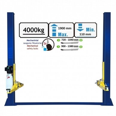 Hydraulic two post lift with mechanical safety locks, 4.0t