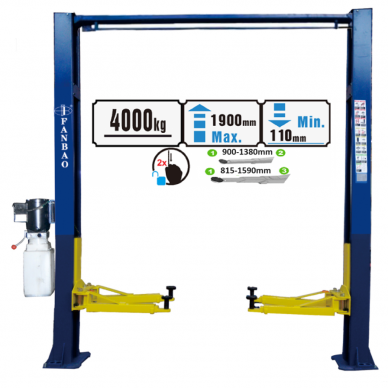 Two post clear floor lift, 4t, 380V (3 stage rear arms)