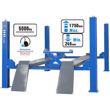 Four post hydraulic lift with secondary lifting mechanism 5t