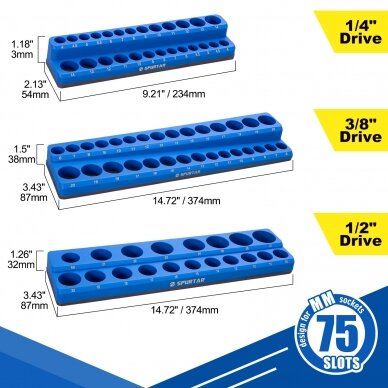 Magnetinių laikiklių galvutėms rinkinys 3vnt (1/2"+3/8"+1/4") Metrinė sistema 3