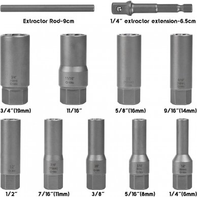 Pažeistų veržlių atsukėjų 3/8'' rinkinys 11vnt. (6-19mm) 2