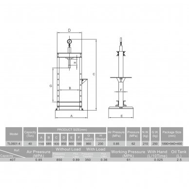 Pneumatic / hydraulic shop press with gauge 40t 1