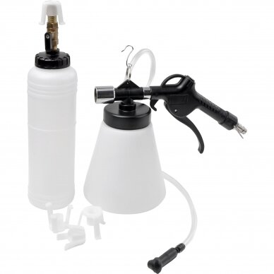 Pneumatic brake bleeder with filler system and adapters