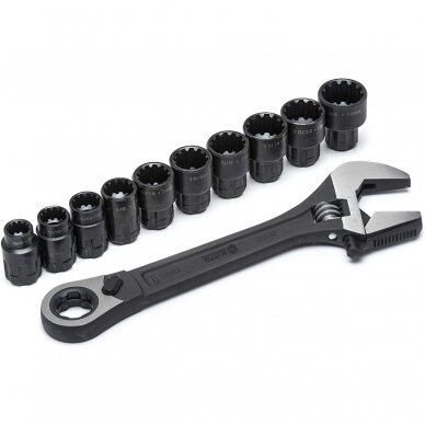 Adjustable wrench pass-thru socket set 11pcs (10-19mm) black