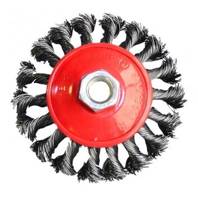 Twisted knot bevel wheel brush